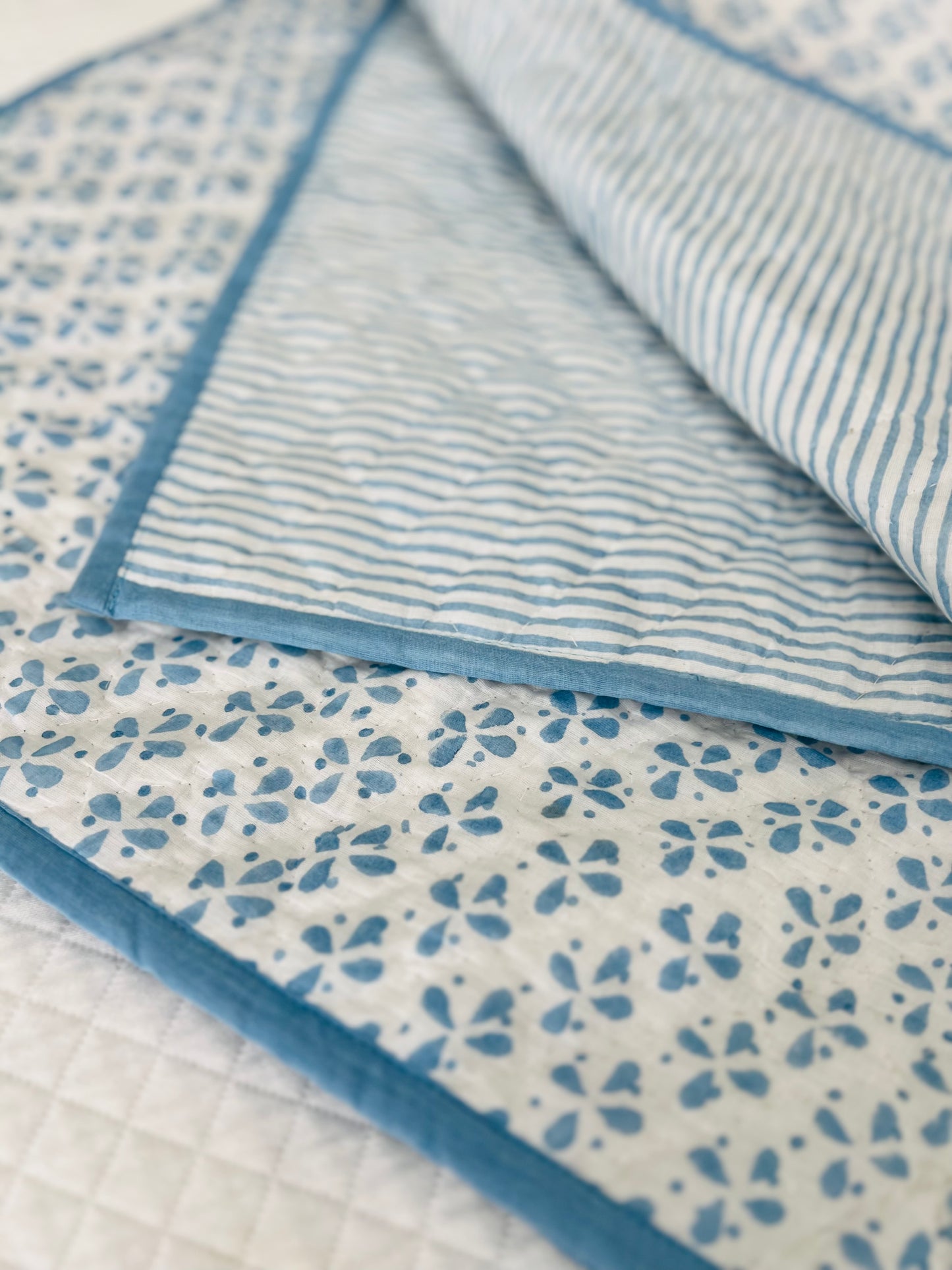 Reversible Baby Blanket in Petals/Stripe Blue
