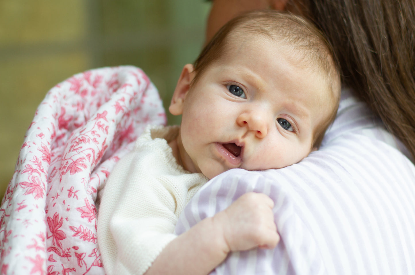 Reversible Baby Blanket in Whimsy Floral/Stripe- Dusty Rose