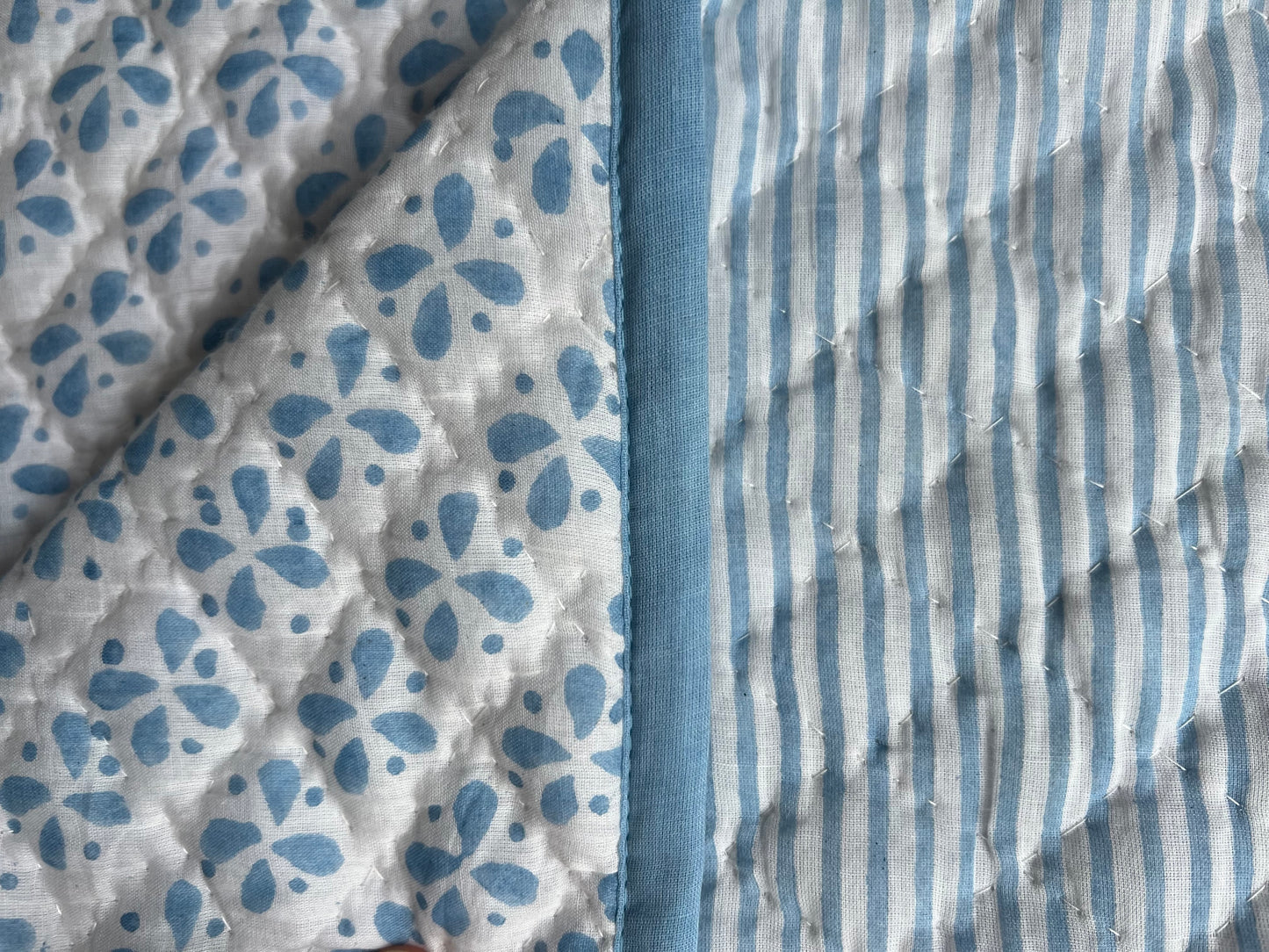 Reversible Baby Blanket in Petals/Stripe Blue