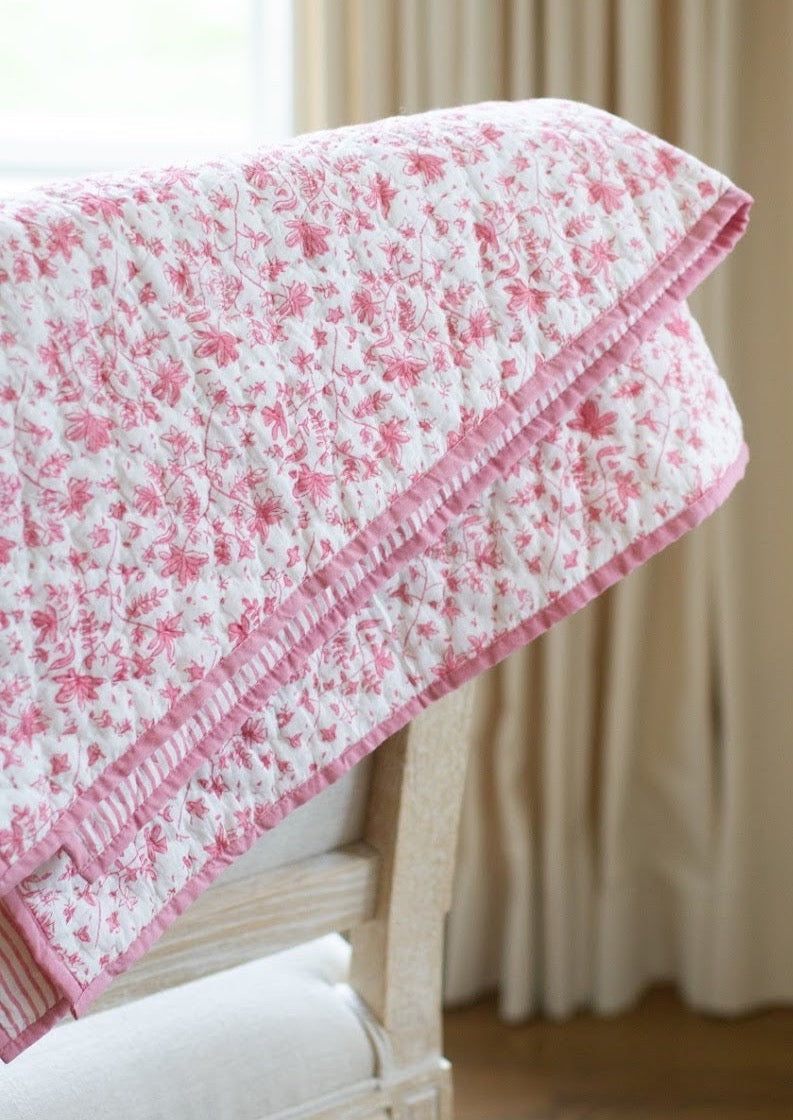 Reversible Baby Blanket in Whimsy Floral/Stripe- Dusty Rose