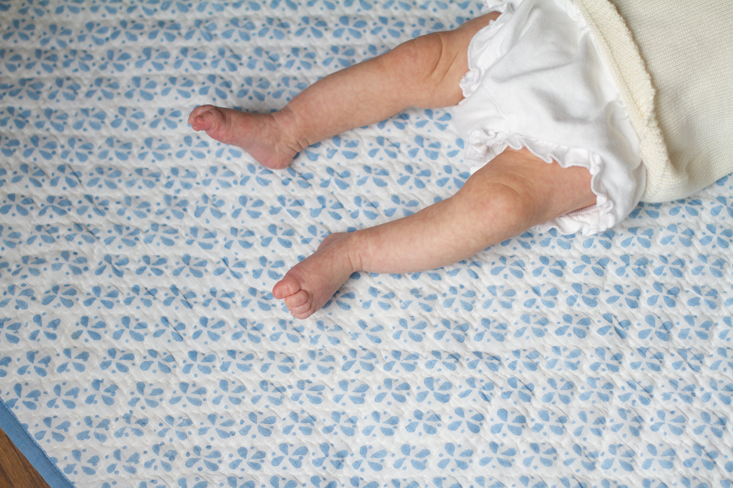 Reversible Baby Blanket in Petals/Stripe Blue