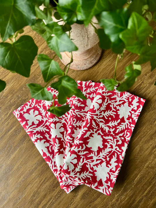 Pressed Florals Napkins in Cherry Red- Set of 4