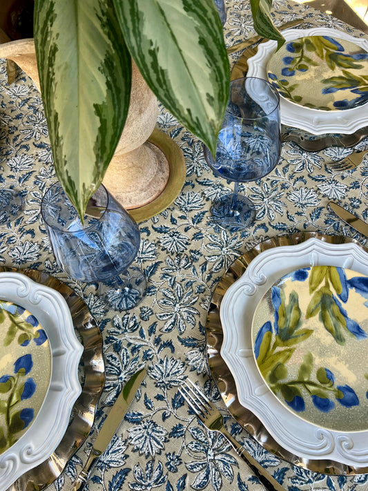 Woven Floral Tablecloth in Blue